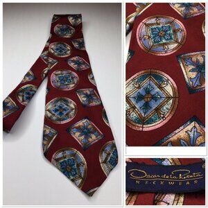 Vintage Oscar De La Renta Silk Tie Red Geometric Stain Glass Pattern Made In USA